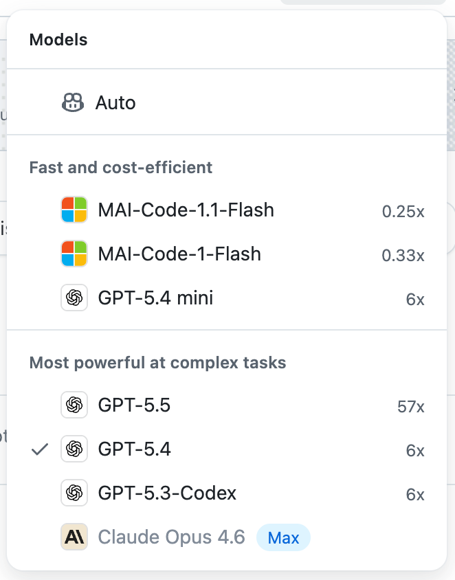 GitHub Copilot 年付旧套餐的模型倍率列表,其中 GPT-5.5 为 57x